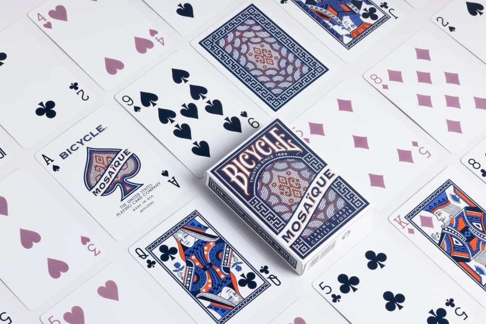 Bicycle Mosaïque Playing Cards showing mosaic card back, recolored court cards, traditional pips, and custom Ace