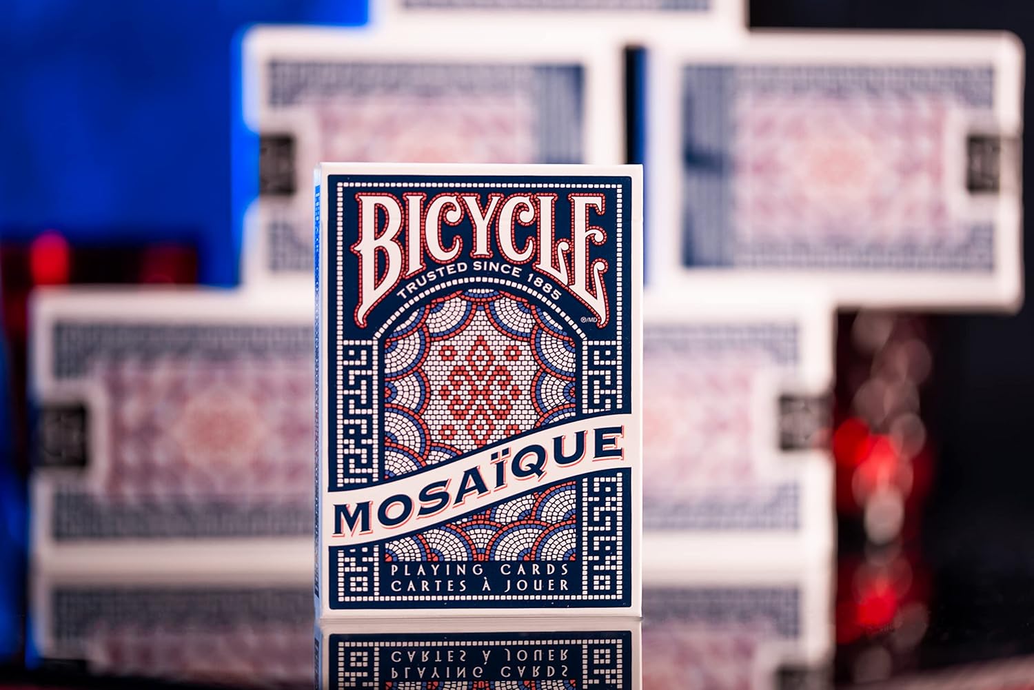 Bicycle Mosaïque Playing Cards tuck box with intricate navy, white, red, and lavender mosaic artwork