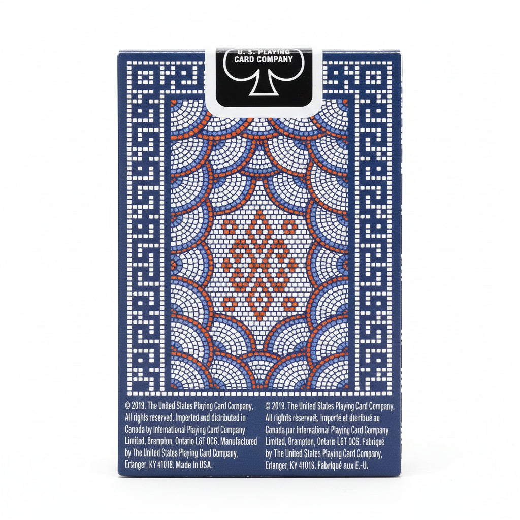Back of Bicycle Mosaïque tuck box showing the two-way navy, white, red, and lavender mosaic card-back design