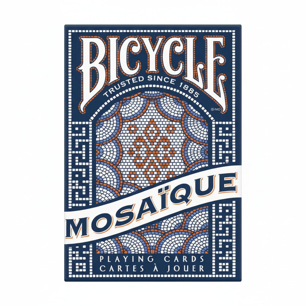 Front of Bicycle Mosaïque Playing Cards tuck box with detailed geometric mosaic pattern
