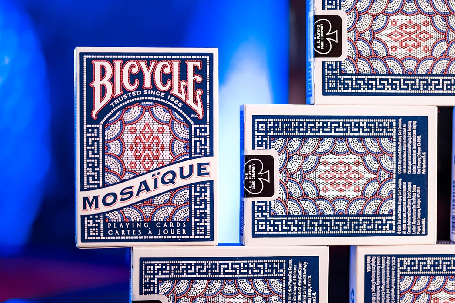 Bicycle Mosaïque tuck boxes showing the mosaic front design and matching patterned back