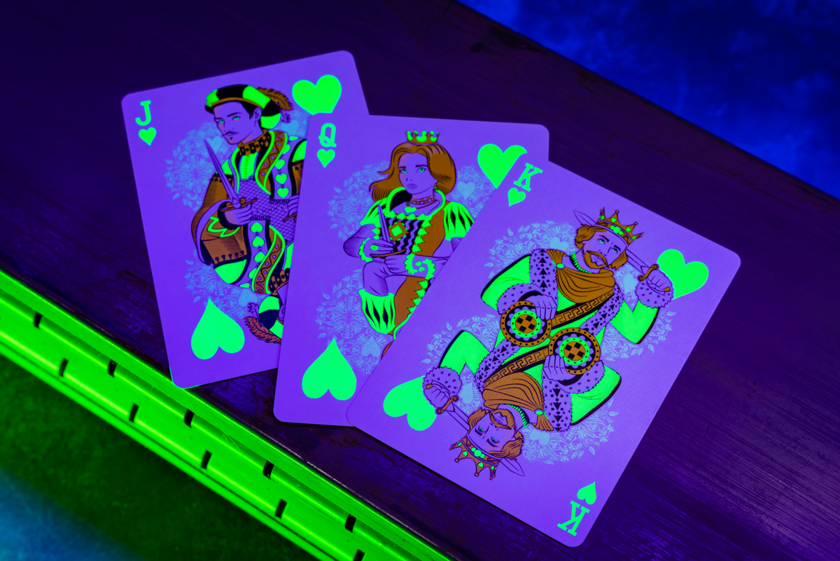 Bicycle Neon Green-Glo custom heart court cards under UV blacklight