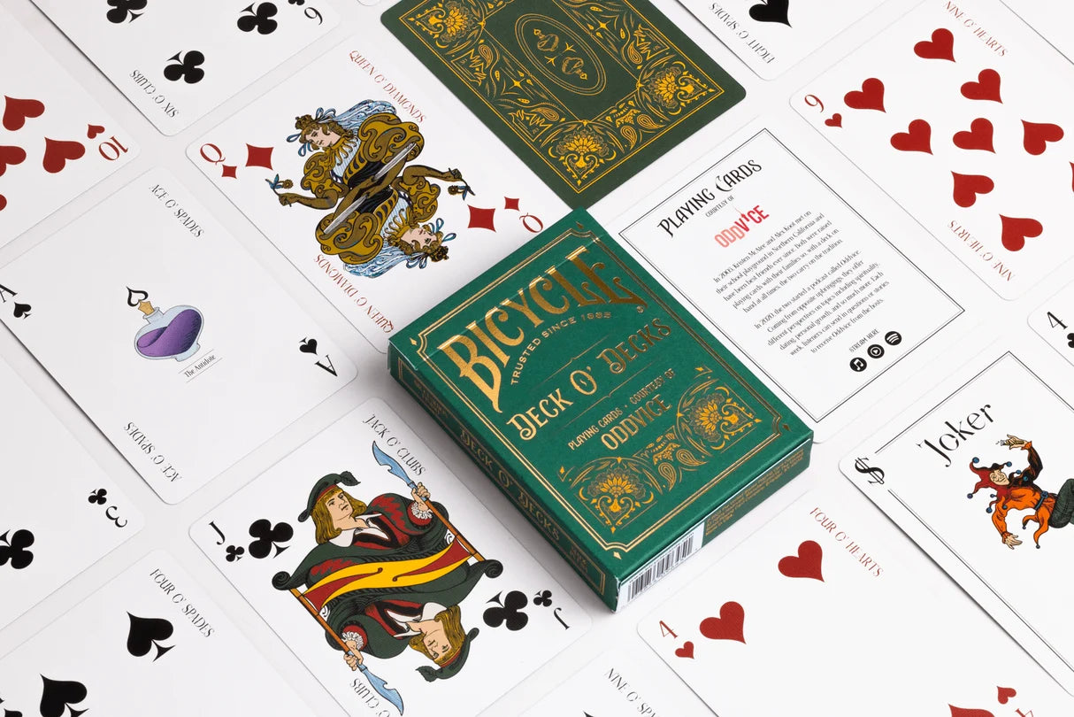 Bicycle Oddvice Deck O' Decks with green tuck, custom card back, recolored courts, Ace of Spades and Joker