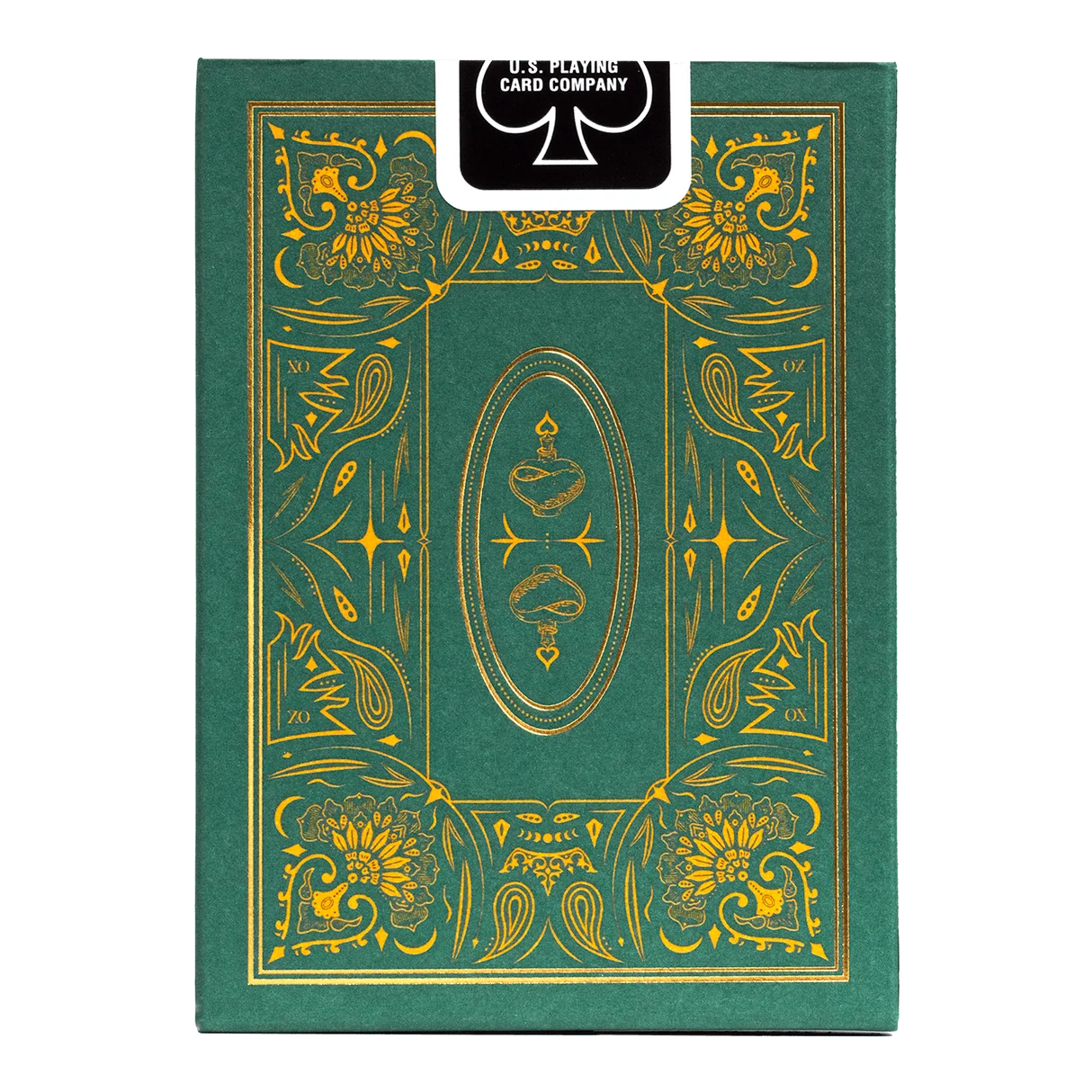 Back of Bicycle Oddvice Deck O' Decks tuck box showing green and gold ornamental potion-bottle design