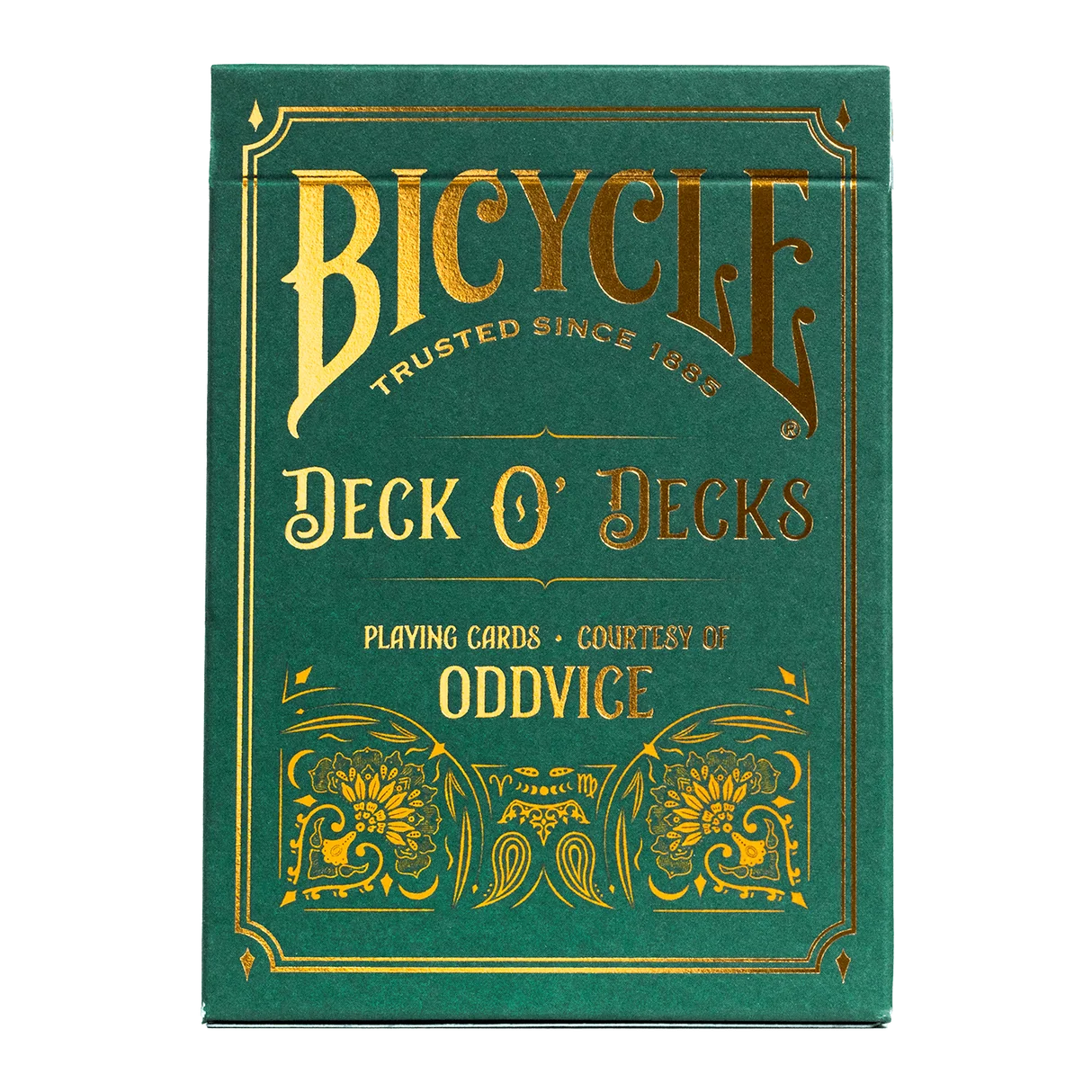 Front of Bicycle Oddvice Deck O' Decks green tuck box with gold Bicycle and Oddvice artwork
