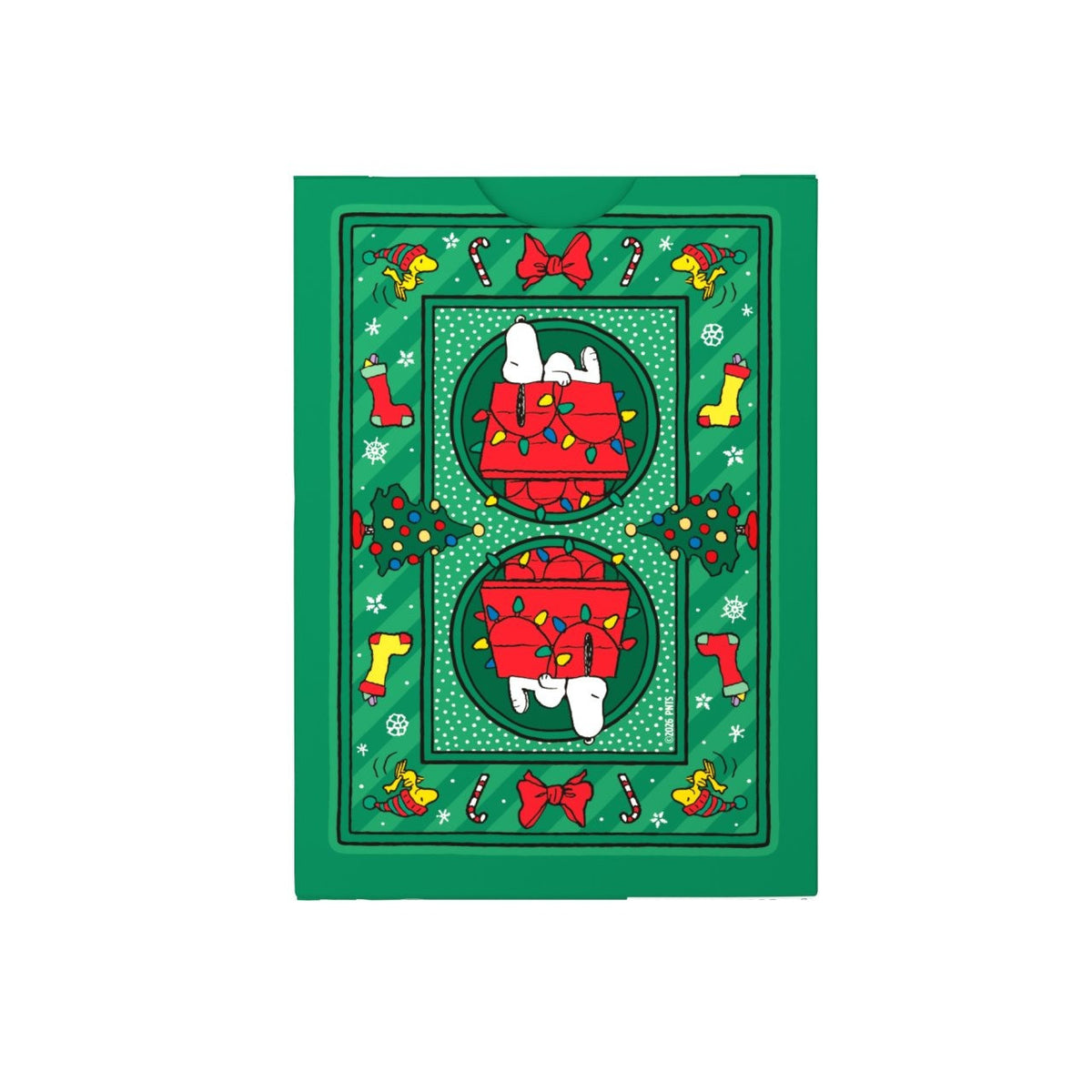 Back of the Bicycle Peanuts Holiday green tuck box with mirrored Snoopy doghouses, stockings, candy canes, bows, and snowflakes.