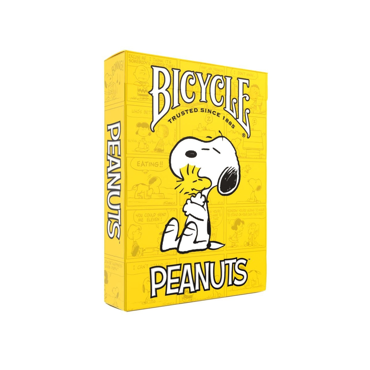 Bicycle Peanuts yellow tuck box featuring Snoopy hugging Woodstock over a background of comic-strip panels.