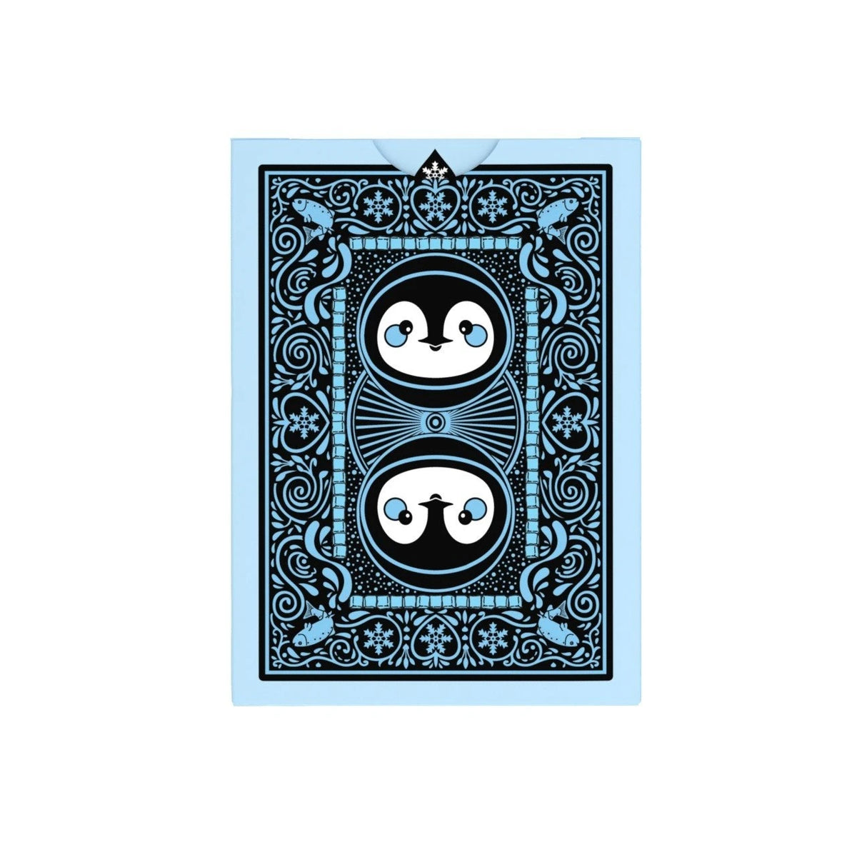 Back of the Bicycle Penguin tuck box showing paired penguin portraits with blue snowflakes, fish, and ornate black decoration