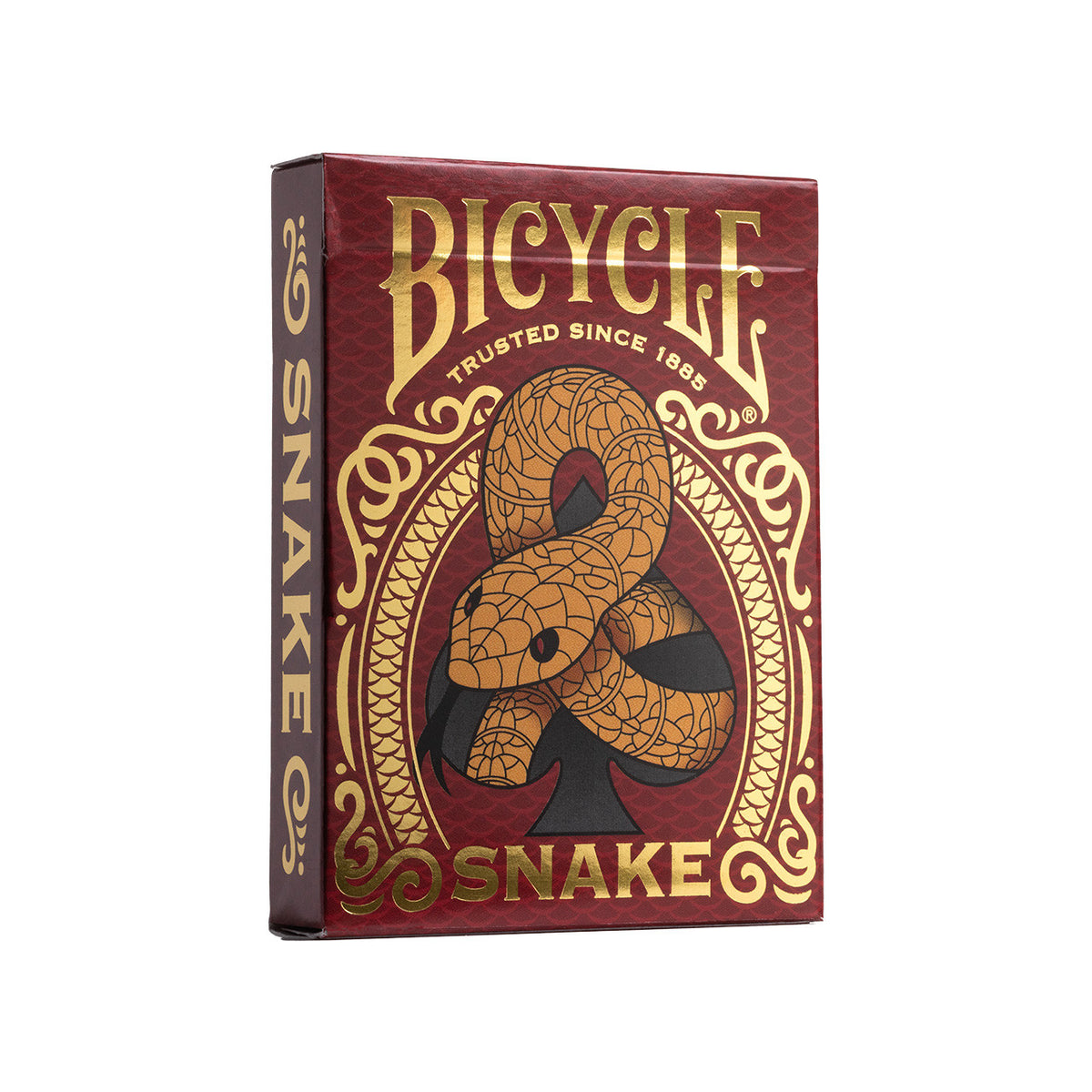 Bicycle Snake red tuck box with gold foil lettering and a coiled snake inside a black spade.