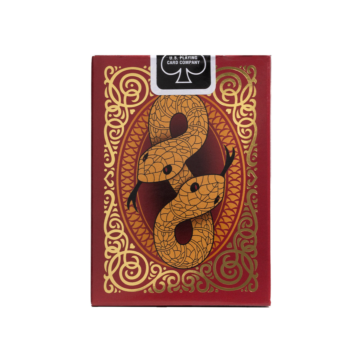 Back of the Bicycle Snake red tuck box with paired gold-colored snakes, ornate borders, and a US Playing Card Company seal.