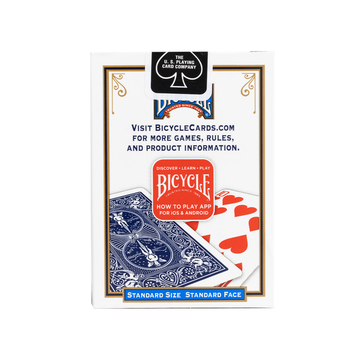 Back of the blue Bicycle Standard tuck box showing card illustrations, product information, and the US Playing Card Company seal.