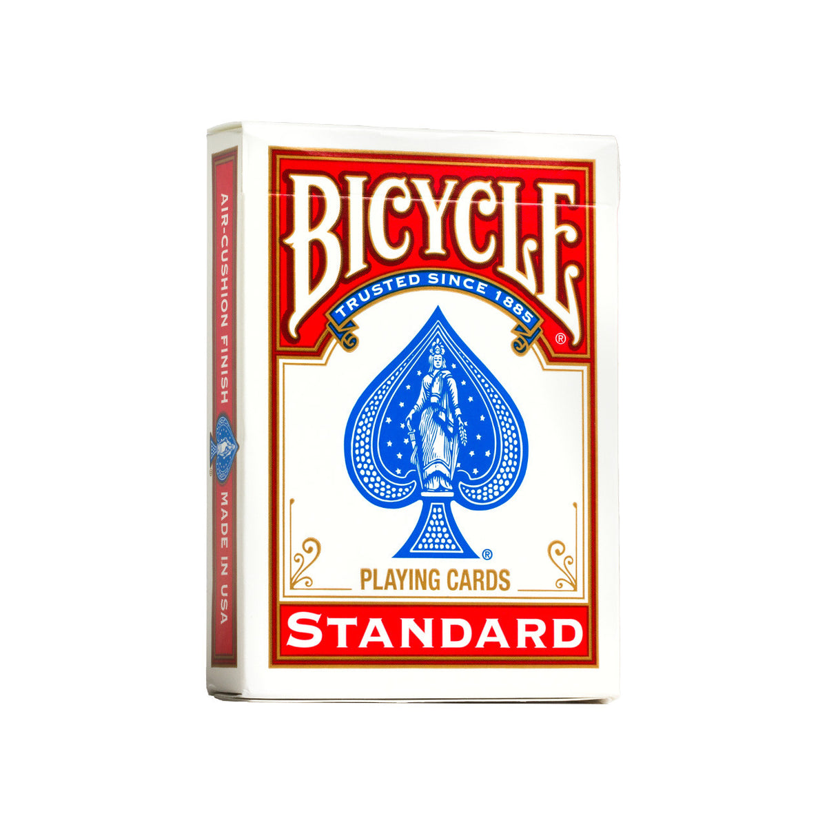 Front of the red Bicycle Standard tuck box included in the red and blue Rider Back two-pack.