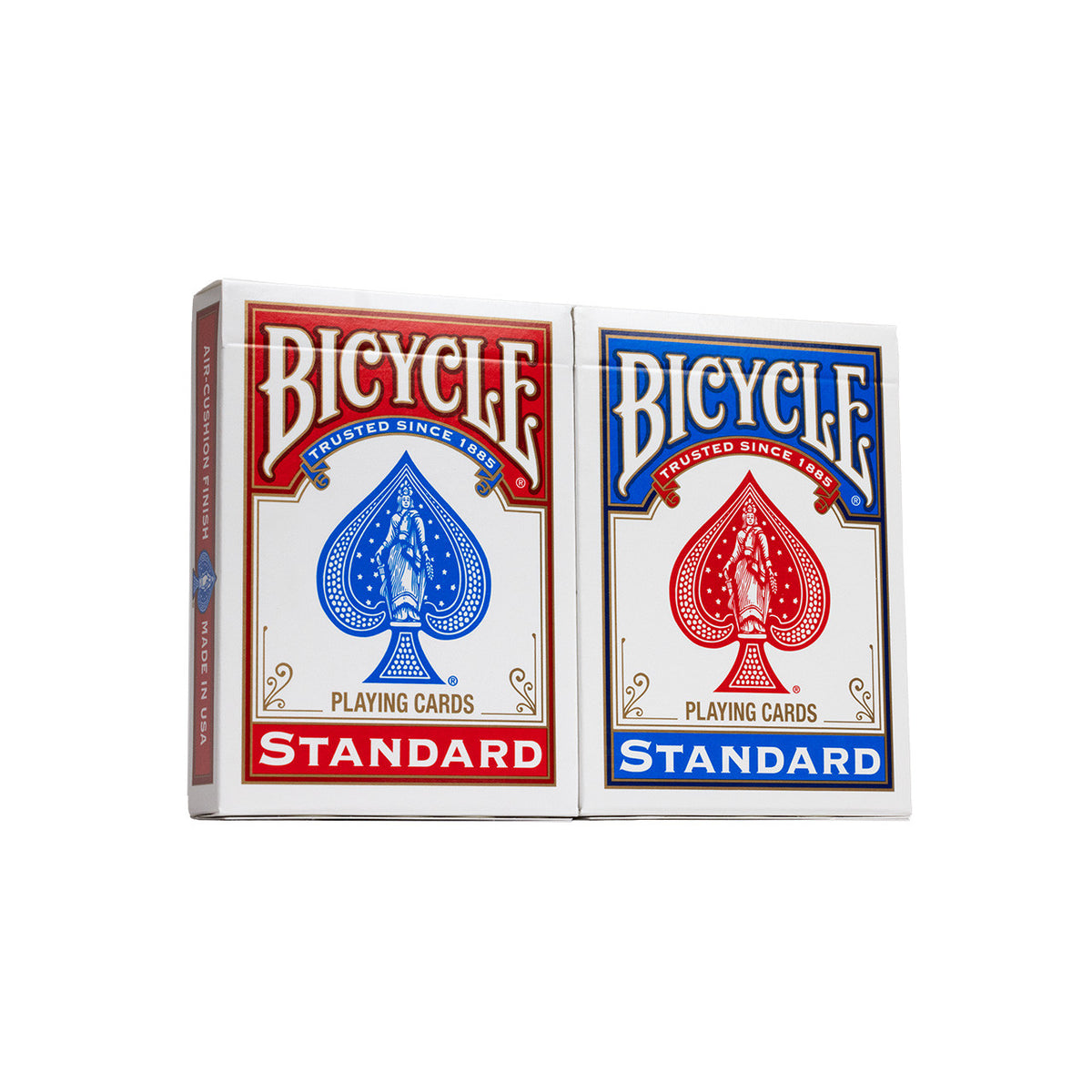Bicycle Standard red and blue tuck boxes displayed together for the Rider Back two-deck pack.