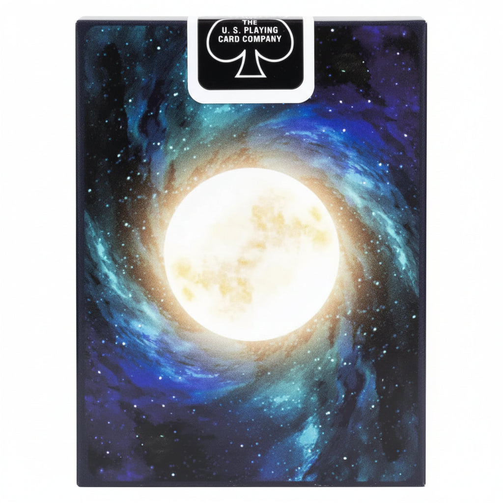 Bicycle Stargazer New Moon card back featuring a bright moon surrounded by blue and violet swirling galaxy artwork