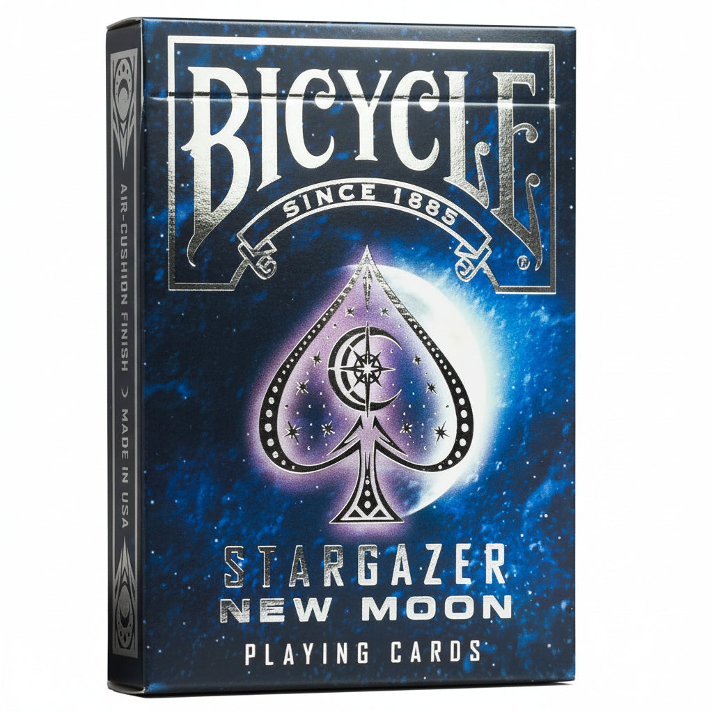 Front of Bicycle Stargazer New Moon tuck box with silver Bicycle logo, moonlit spade, and deep blue starfield design