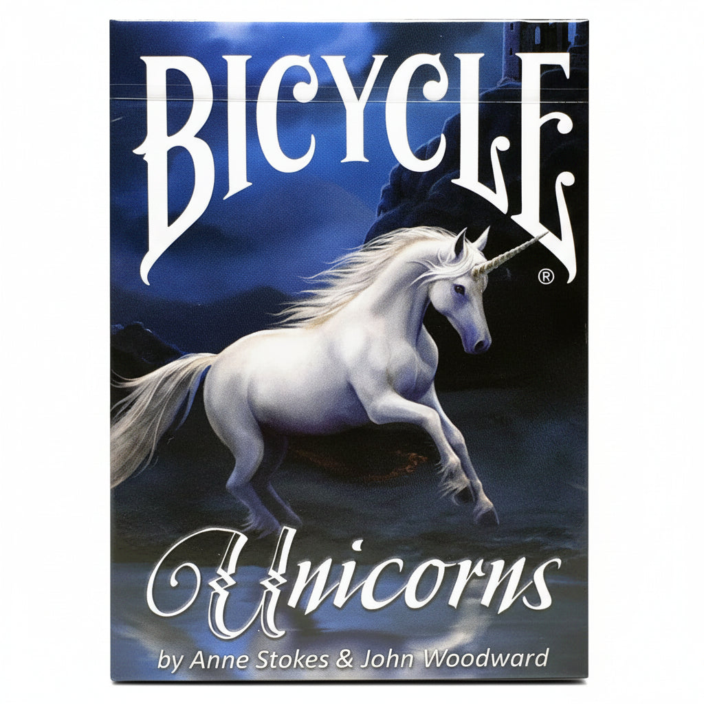 Front of Bicycle Unicorns playing card tuck featuring a white unicorn and Anne Stokes and John Woodward credit