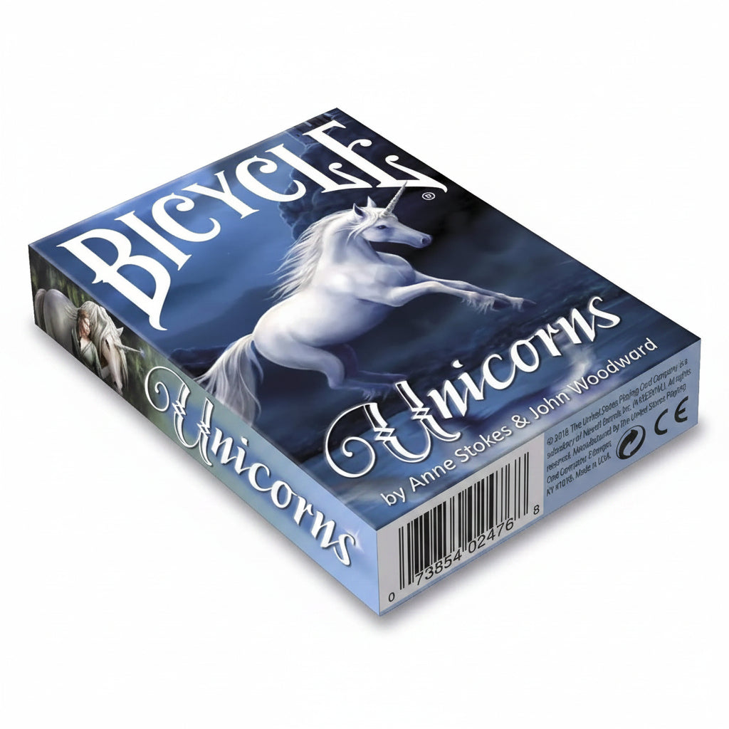 Bicycle Unicorns Playing Cards tuck box featuring white unicorn artwork by Anne Stokes and John Woodward