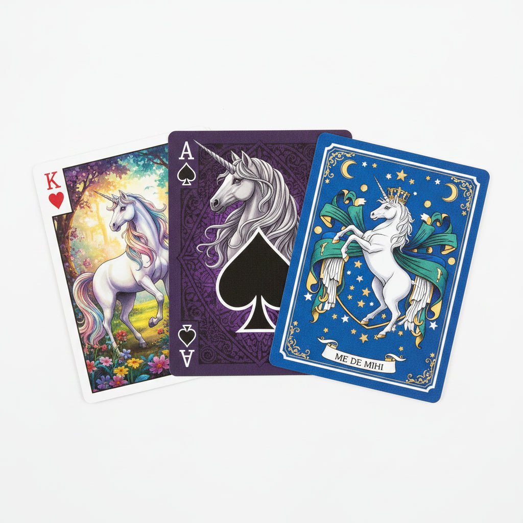 Bicycle Unicorns custom King, Ace of Spades, and blue heraldic unicorn card back