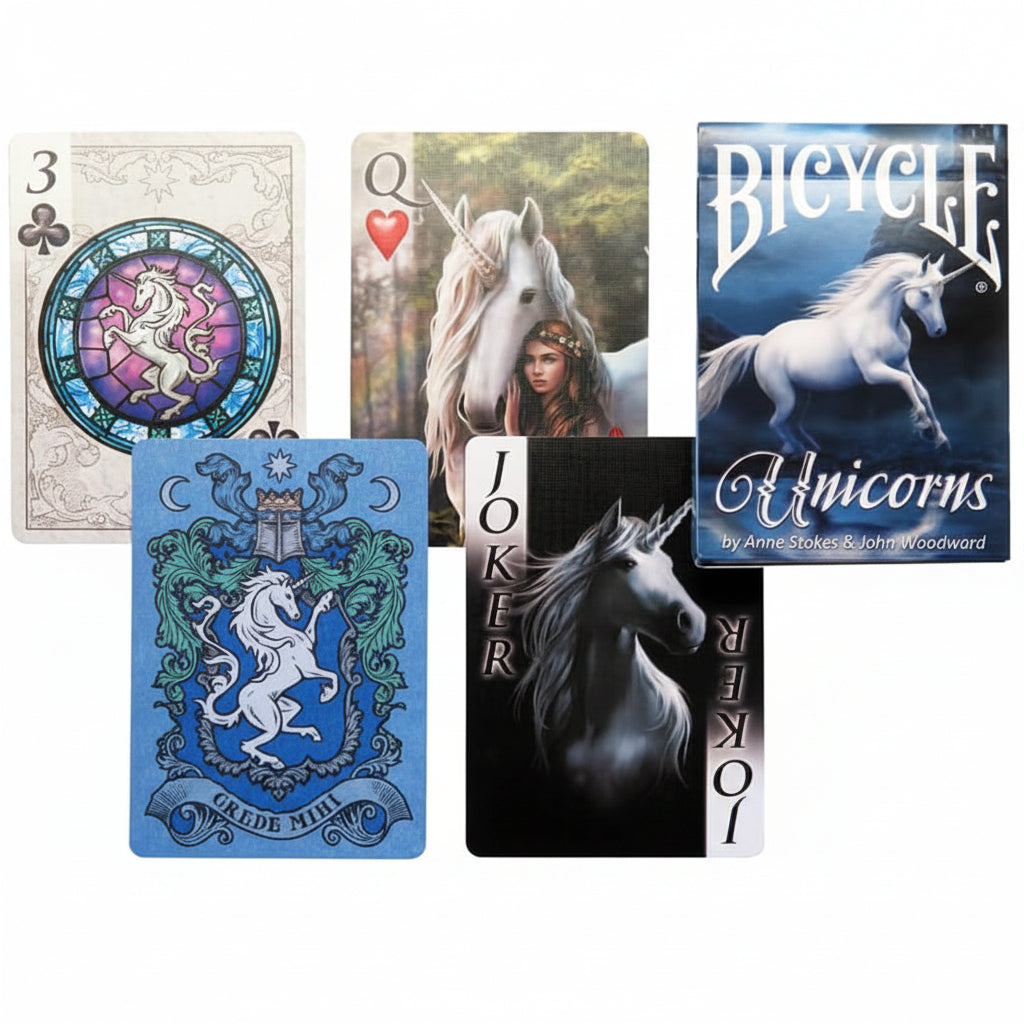 Bicycle Unicorns playing cards showing custom unicorn face cards, Joker, heraldic card back, and illustrated tuck box