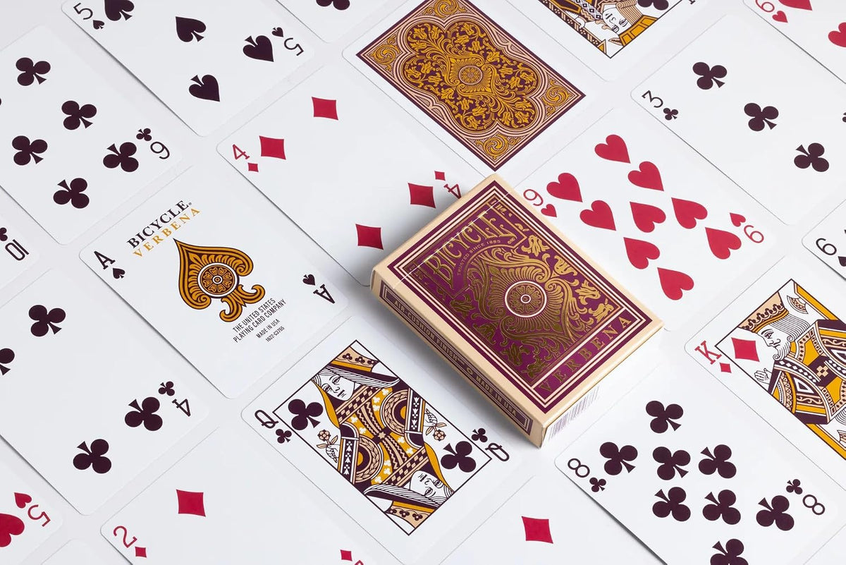 Bicycle Verbena deck and tuck box surrounded by recolored standard playing-card faces and custom back