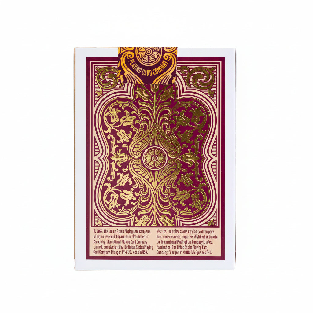 Back of Bicycle Verbena Playing Cards tuck box showing ornate burgundy and gold design and Made in USA information