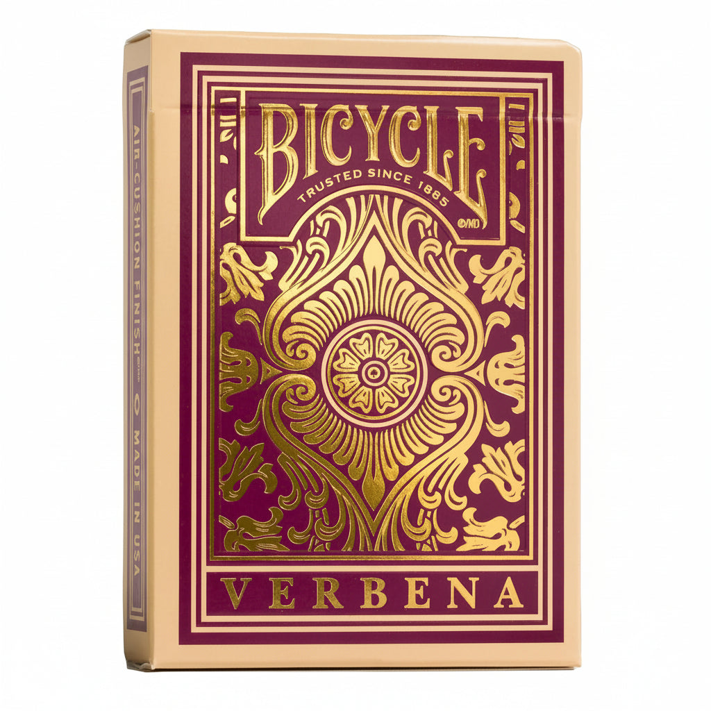 Bicycle Verbena Playing Cards tuck box in burgundy and gold with ornate botanical artwork