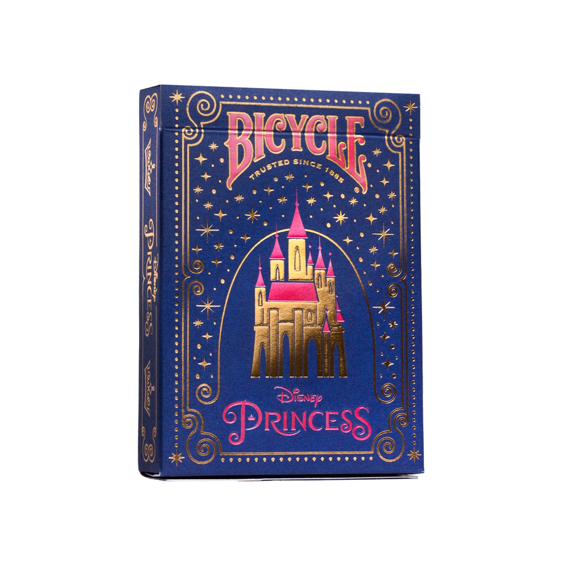 Bicycle Disney Princess playing card box with castle design on a white background