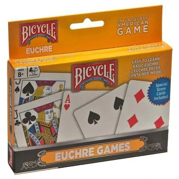 Bicycle Euchre card game packaging with playing cards displayed on a white background