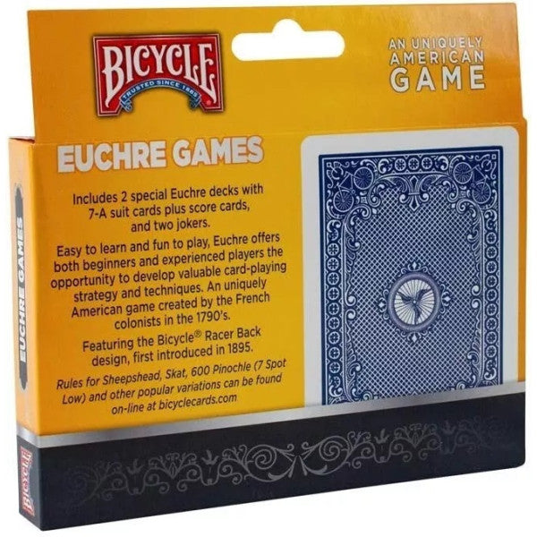 Bicycle Euchre Games packaging with blue playing cards on a yellow background