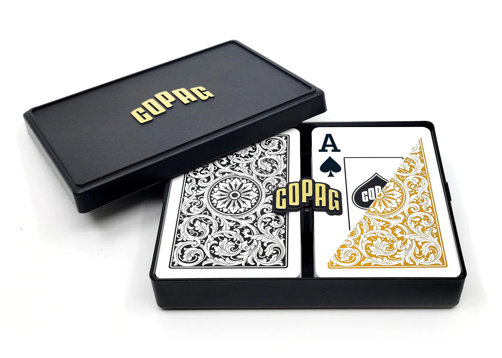 Copag 1546 Bridge Size Jumbo Index (Black & Gold) playing cards with a black box on a white background