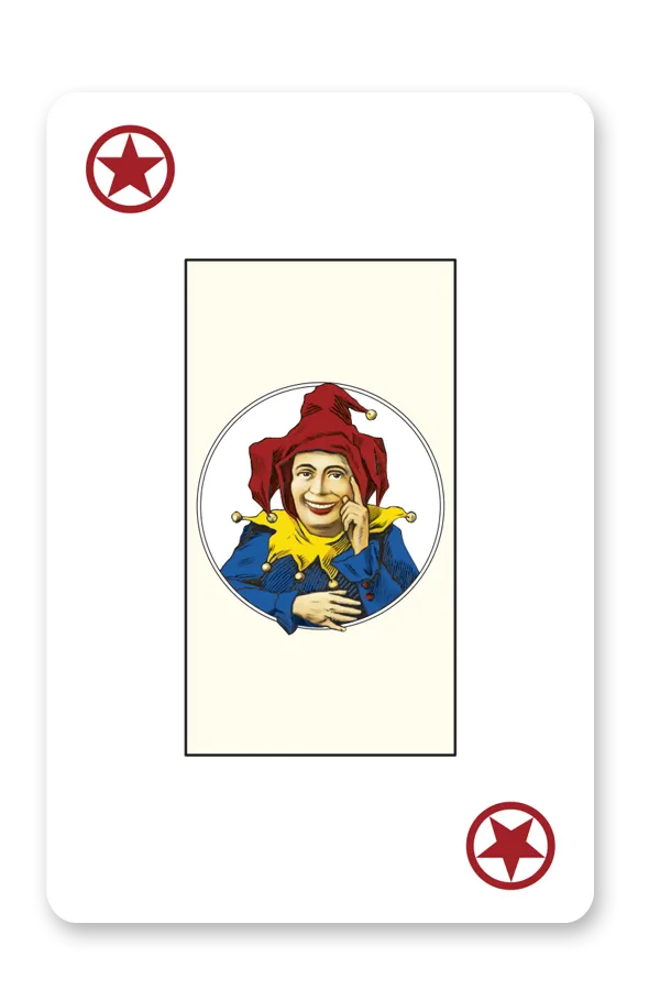 Modiano Bridge 2 Jumbo Joker Card with a character in a red hat and blue coat, surrounded by red stars on a white background.