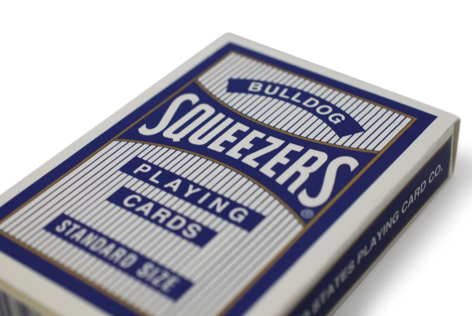 Close-up of a deck of playing cards with 'Bulldog Squeezers' branding on a white background.