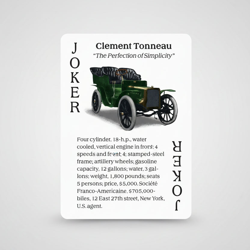 Turn of the Century Motor Cars Playing Cards by U.S. Games featuring early 1904 automobiles featuring Clement Tonneau.