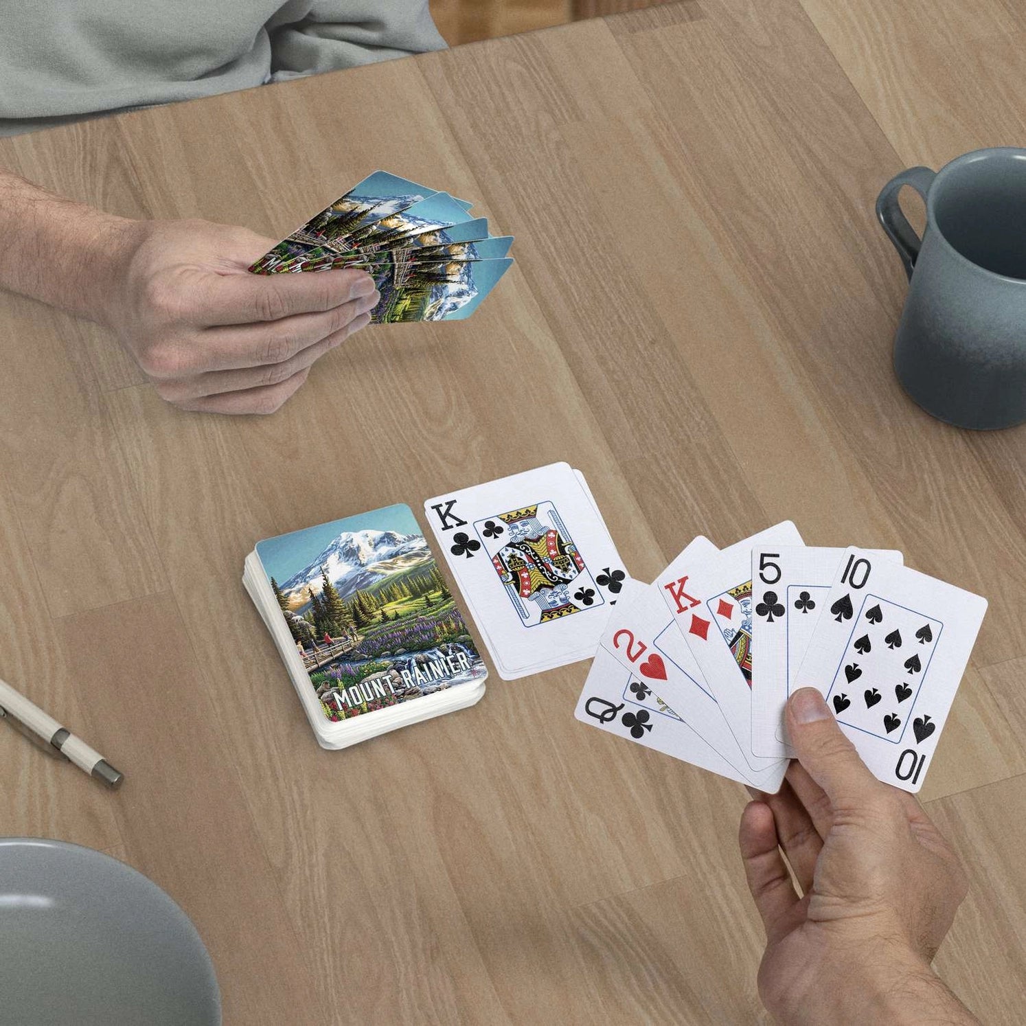 Mount Rainier Playing Cards by Boardwalk deck on table with jumbo index playing-card faces