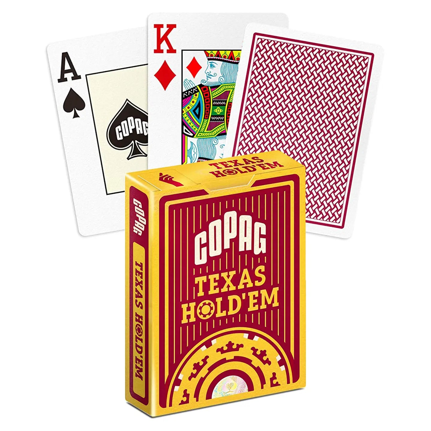 Copag Texas Hold'em playing cards with a yellow box on a white background