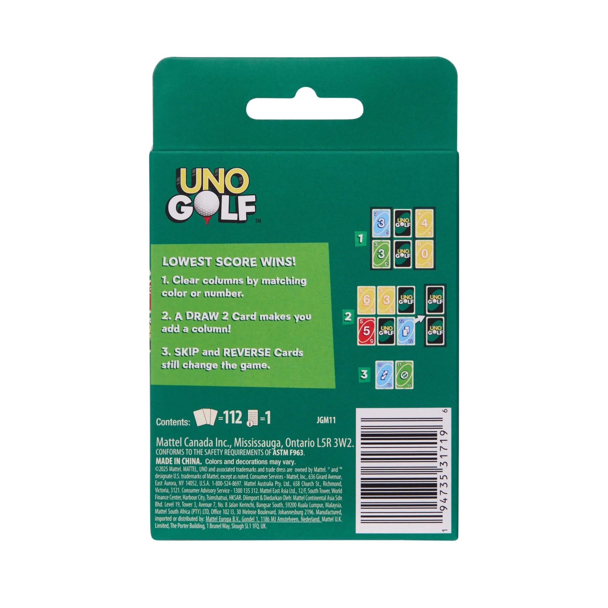 UNO Golf card game packaging with green background and card illustrations.