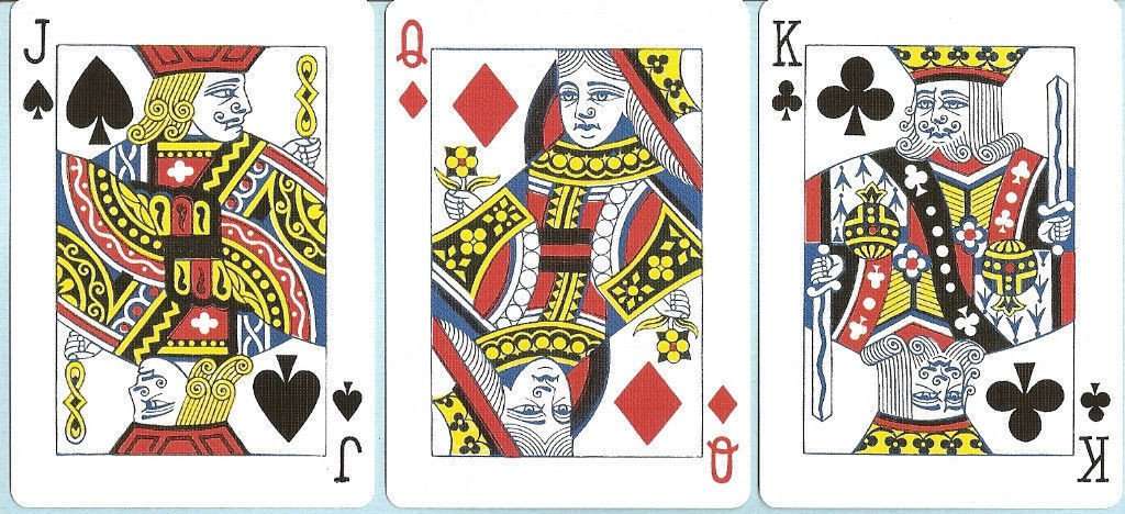 Three playing cards: Jack of Spades, Queen of Diamonds, and King of Clubs on a white background.
