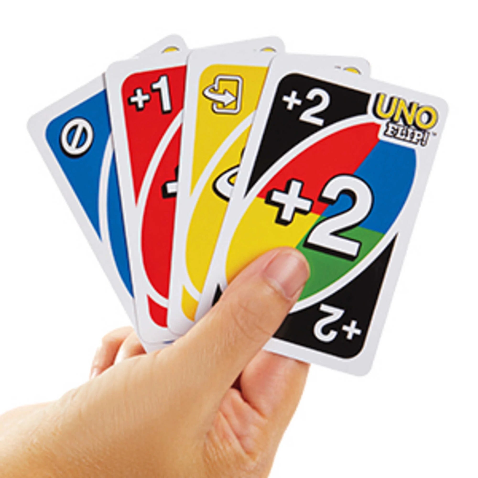 Hand holding four Uno flip cards with different symbols on a white background