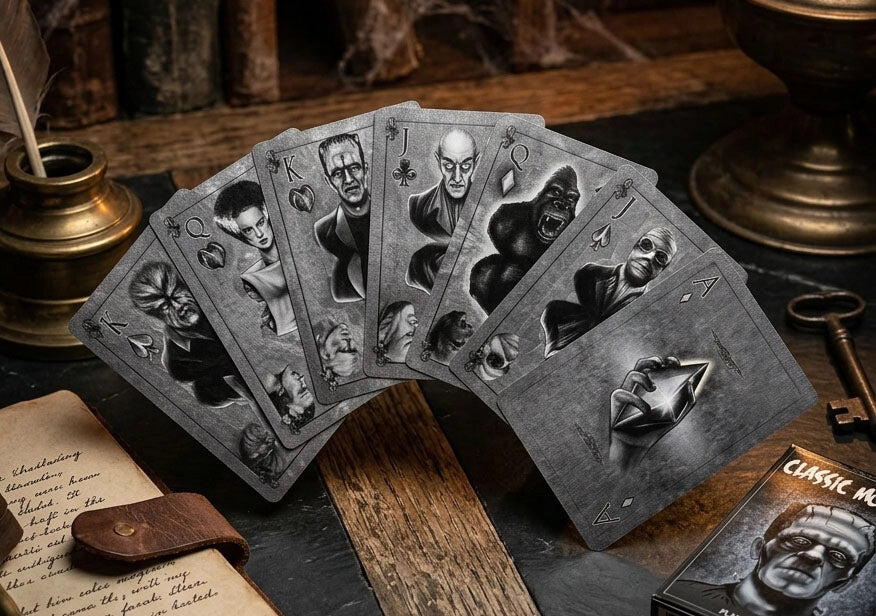 Classic Monsters Playing Cards fanned across a wooden table with illustrated monster courts and the custom Ace of diamonds