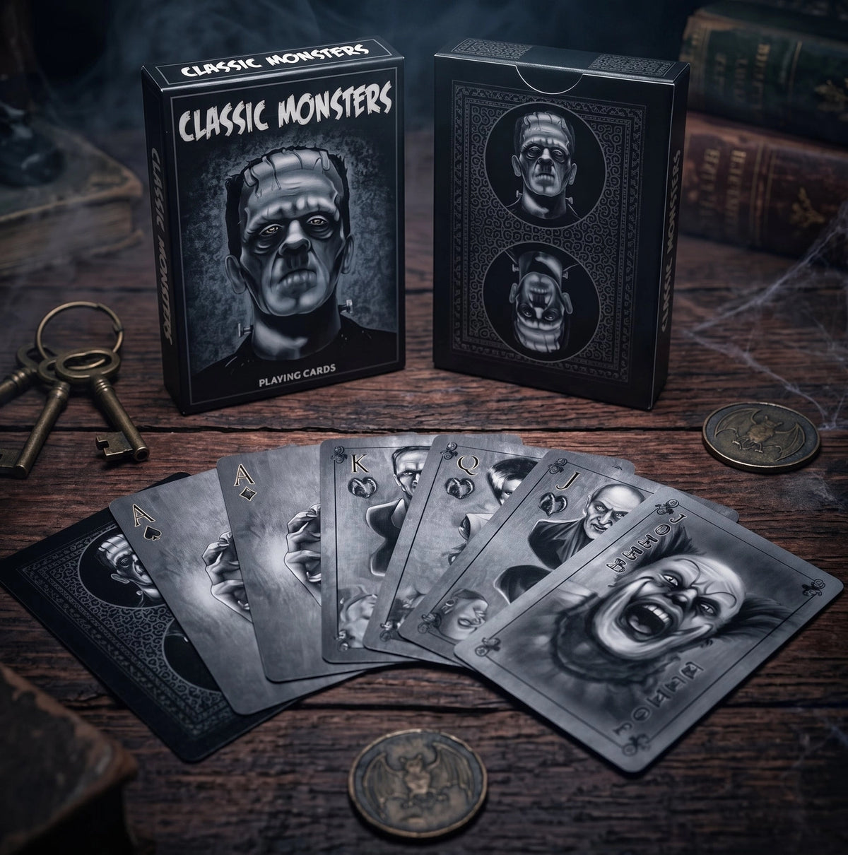 Classic Monsters Playing Cards showing tuck box front and back, custom Aces, monster courts, a clown Joker, and a card back