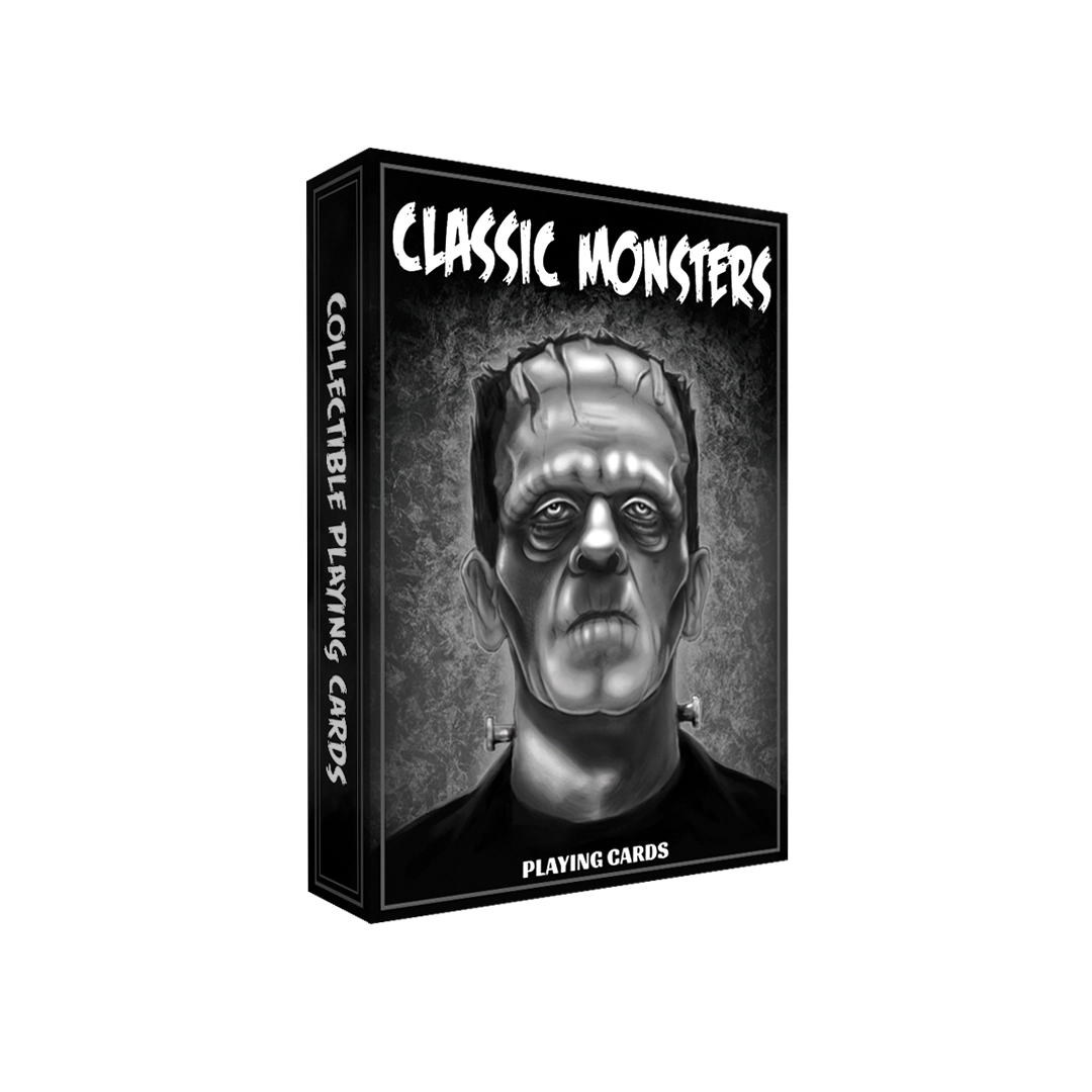 Classic Monsters Playing Cards black tuck box featuring a grayscale portrait of Frankenstein’s Monster