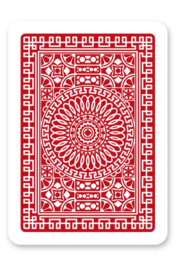 Red playing card with intricate white pattern on a white background