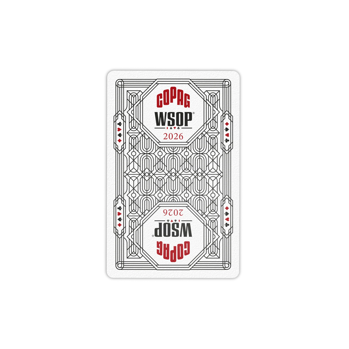 Black Copag WSOP 2026 Jumbo Index playing-card back with a geometric two-way design