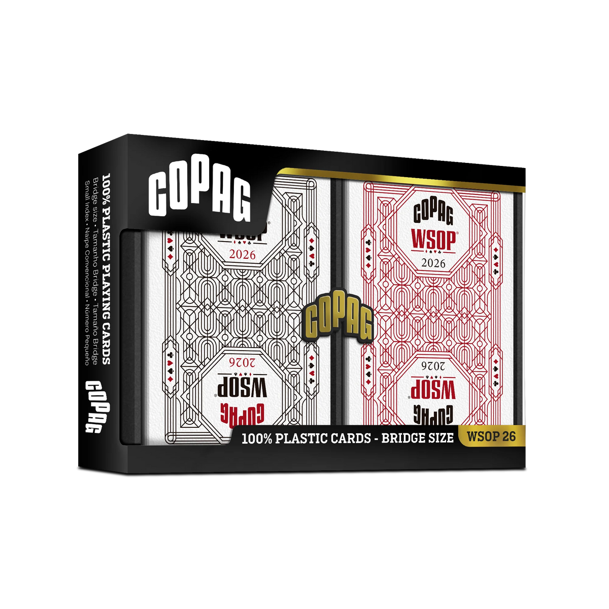 Copag WSOP 2026 Jumbo Index red and black 100% plastic bridge-size double-deck set in retail packaging