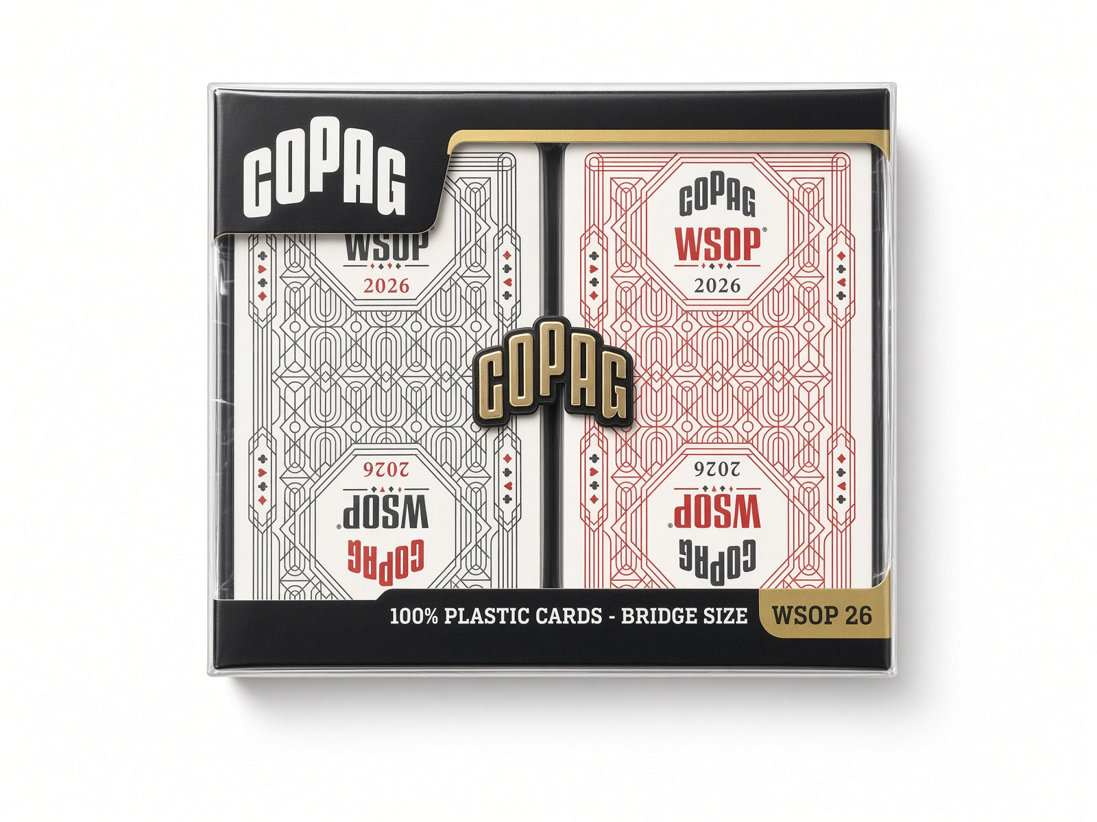 Close front view of the Copag WSOP 2026 red and black Jumbo Index double-deck set