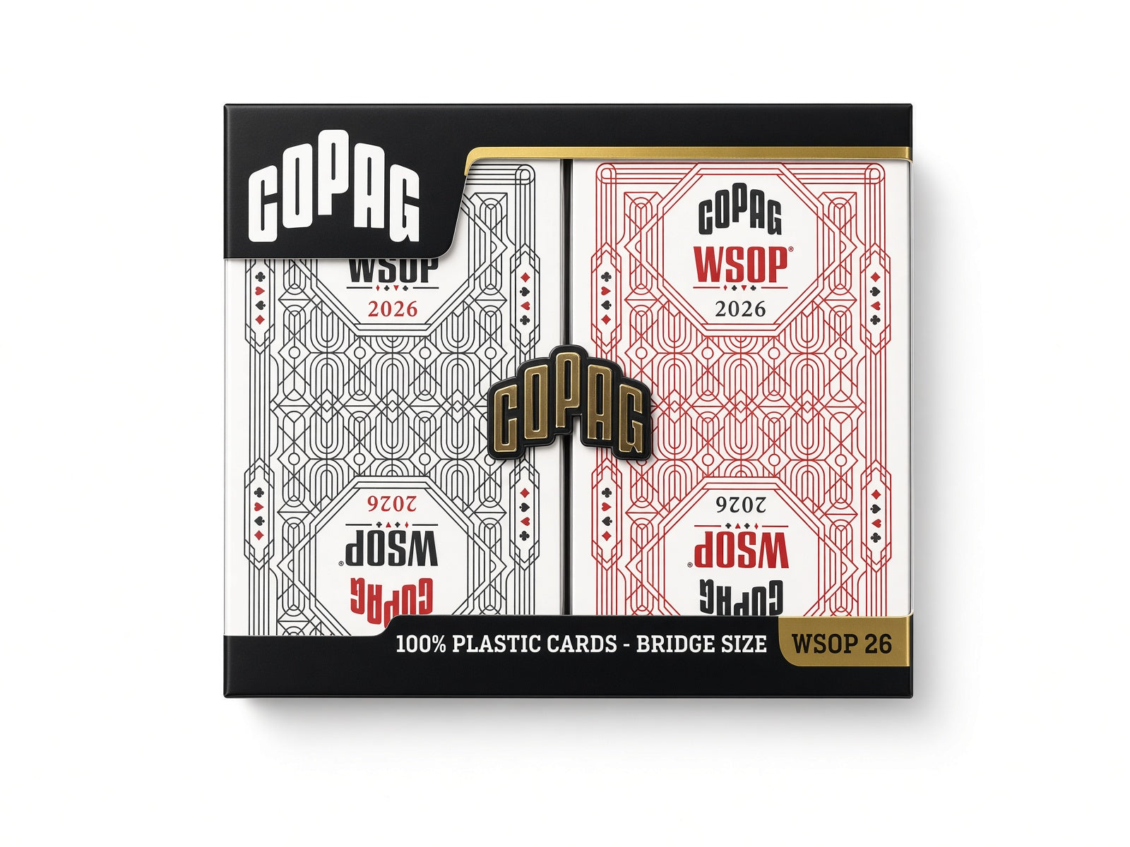 Front view of Copag WSOP 2026 red and black Jumbo Index card backs in the retail package