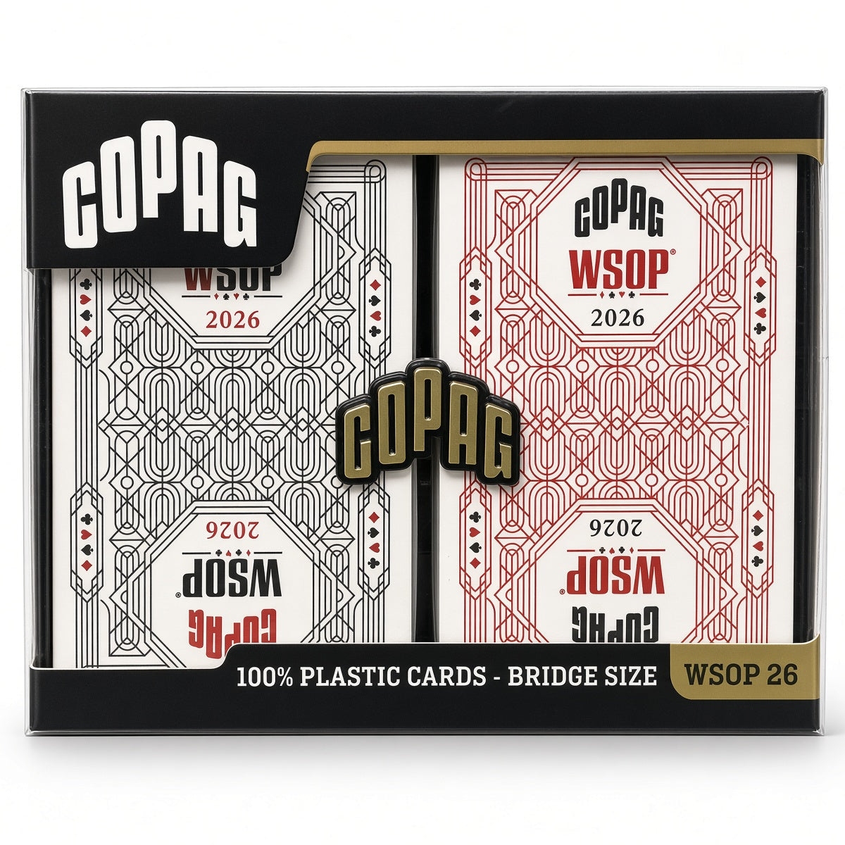 Copag WSOP 2026 Jumbo Index red and black 100% plastic bridge-size double-deck set