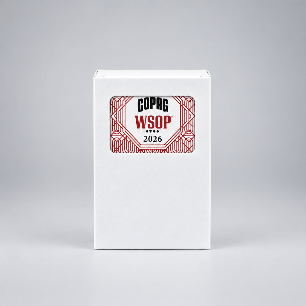 Copag WSOP 2026 Jumbo red deck in a white window tuck box showing red geometric card-back artwork and WSOP branding.