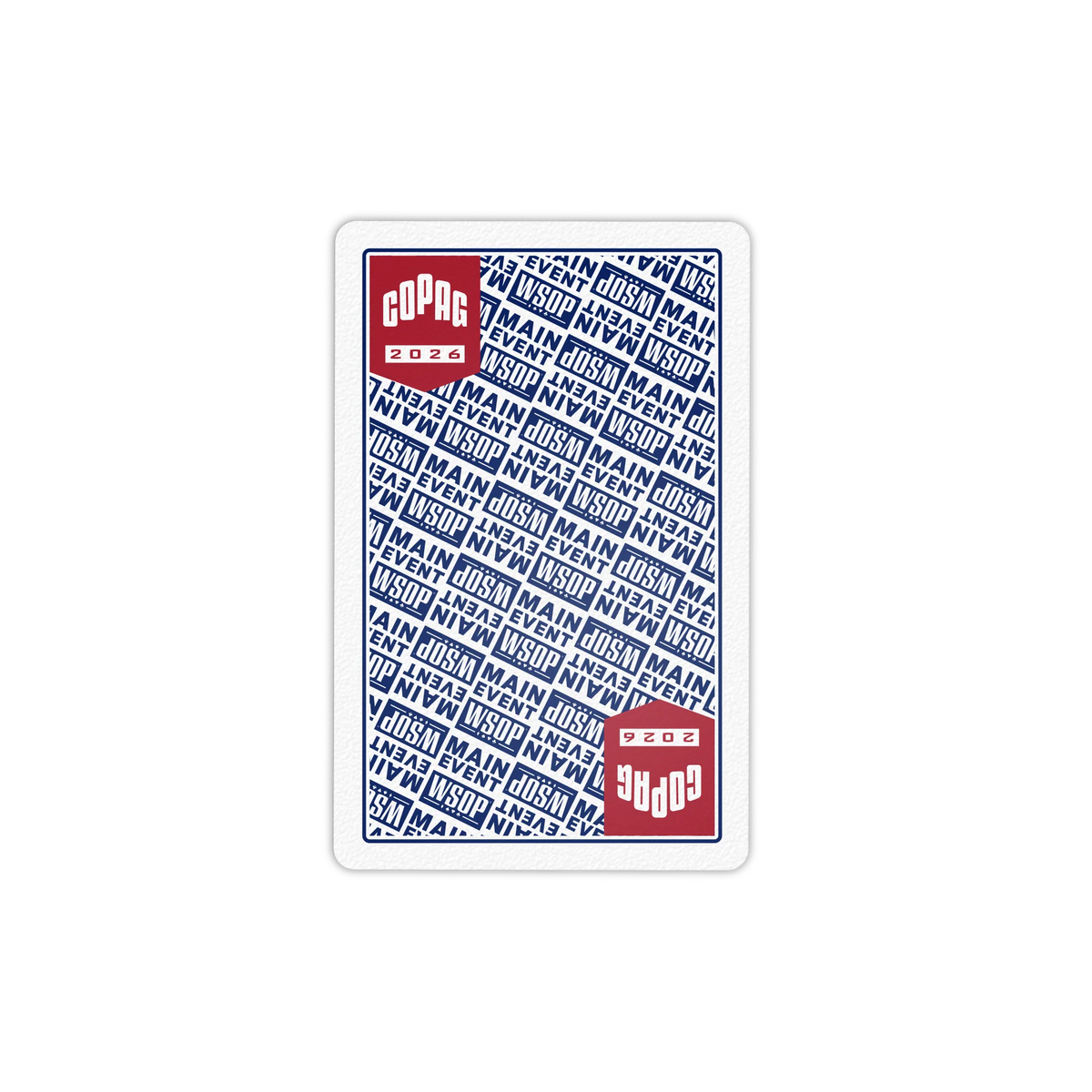Blue Copag WSOP 2026 Main Event playing-card back with repeating WSOP typography