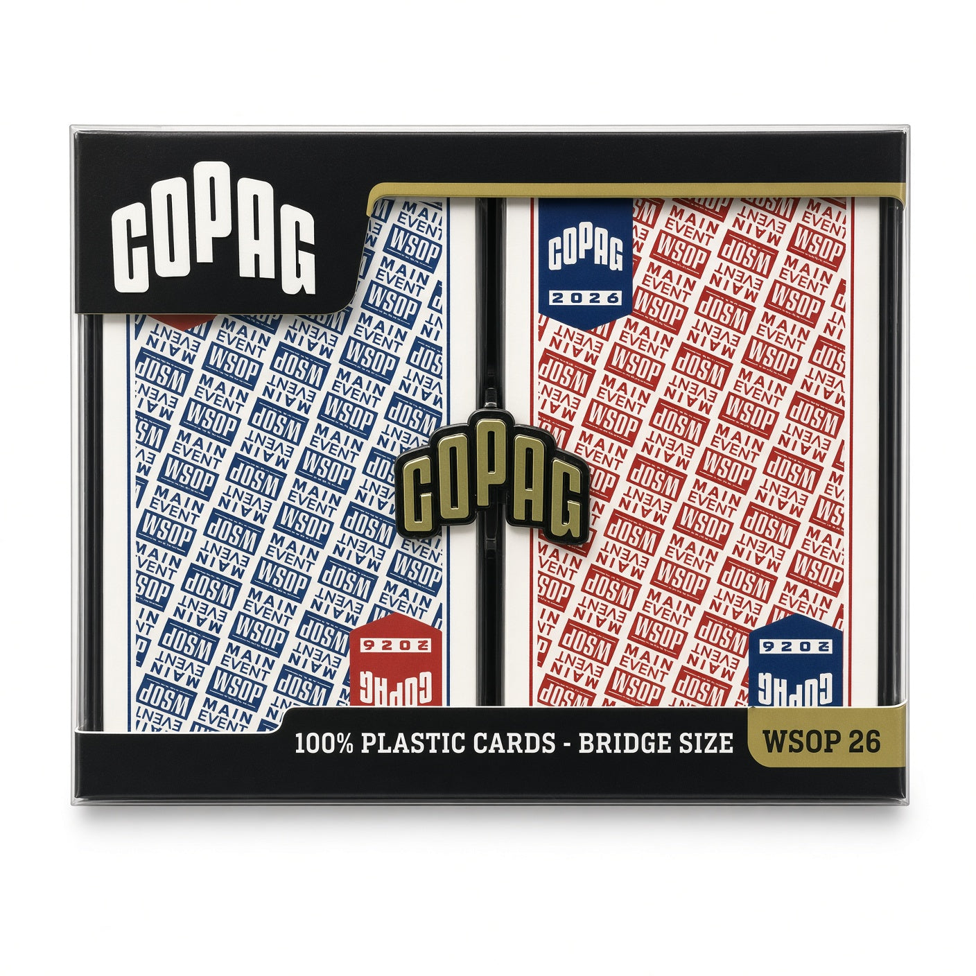 Copag WSOP 2026 Main Event red and blue 100% plastic bridge-size double-deck set in clear case